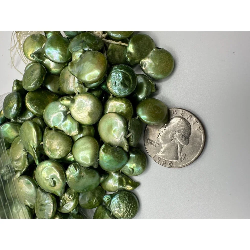13-15 mm deep forest green Big freshwater pearl, Baroque coin l pearls for DIY